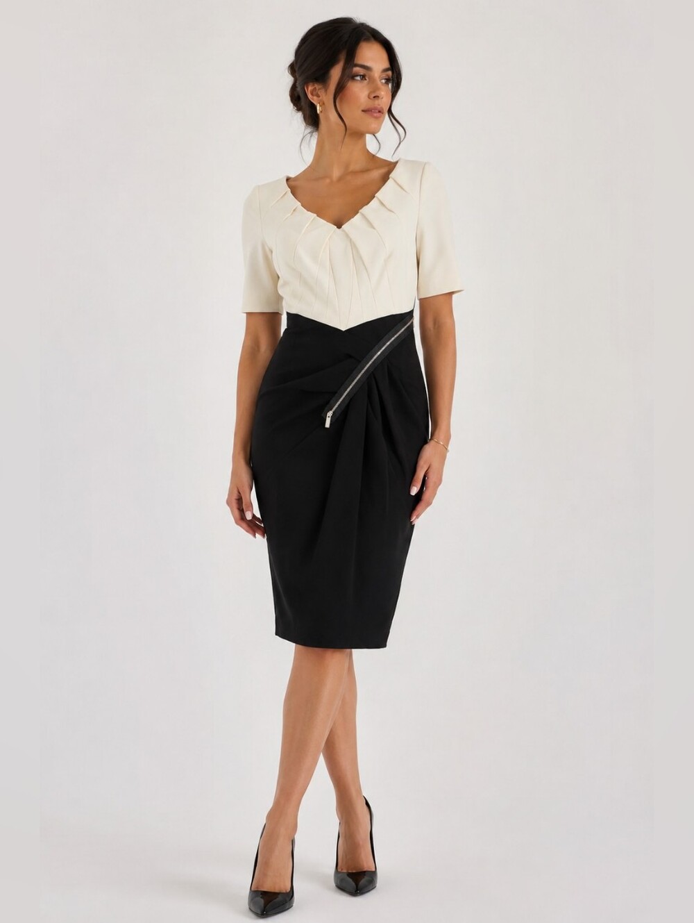 Karen Millen Colorblock Sheath Dress Ivory Black Sculpted Zip Detail Size US 2